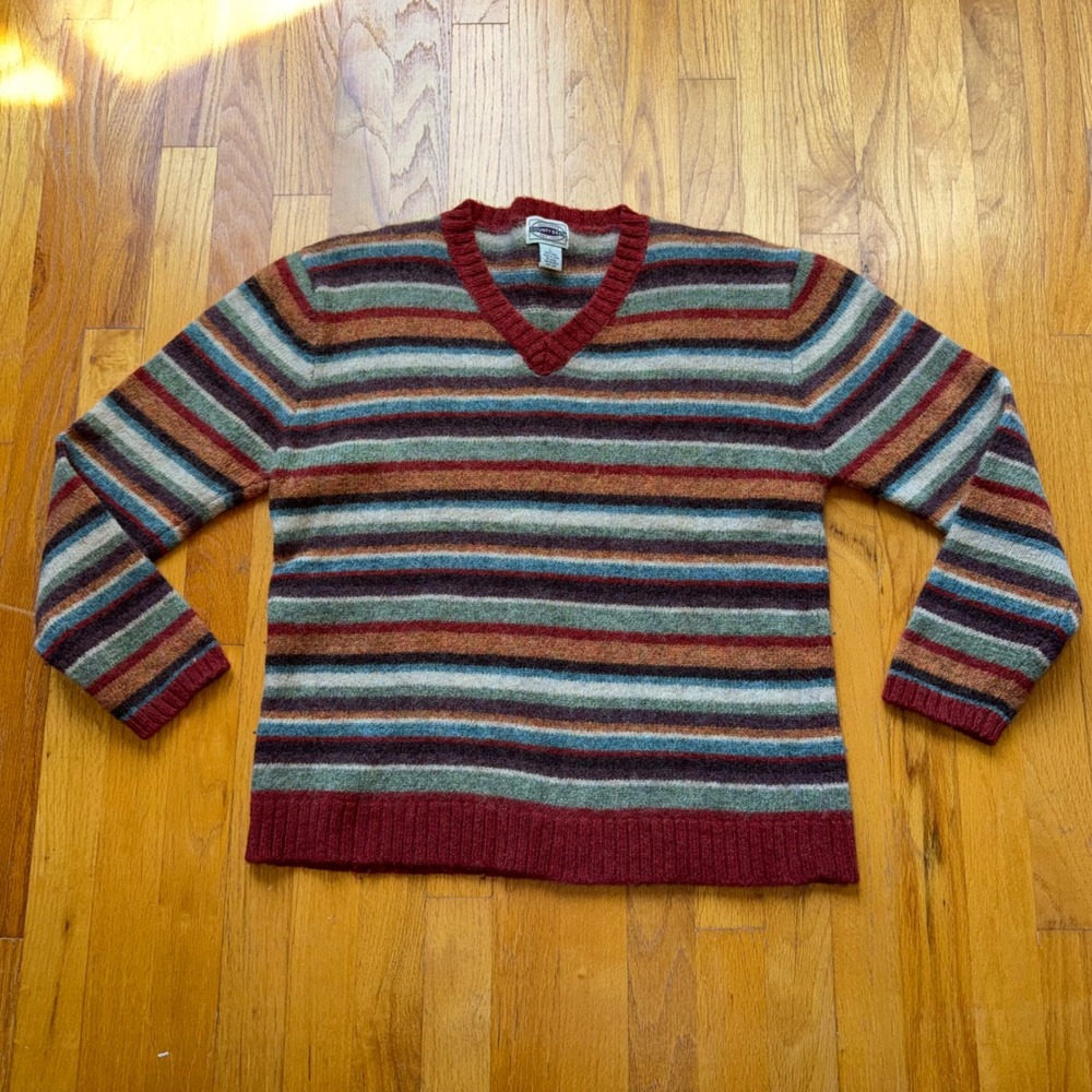 Vintage County Seat Jeanswear Wool V-Neck Striped Sweater Burgundy Green L Fall